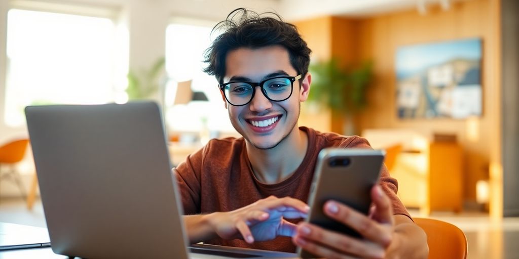 Person confidently using various tech devices, bright, modern.