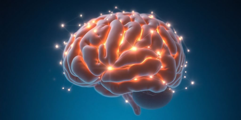 Brain neurons connecting with glowing AI circuits.