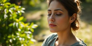 Serene person meditating outdoors, calm expression.