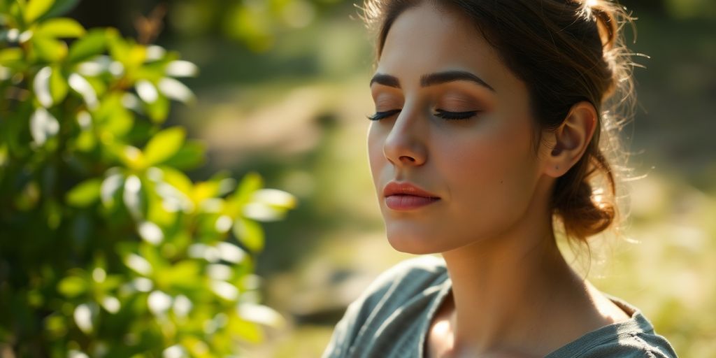 Serene person meditating outdoors, calm expression.