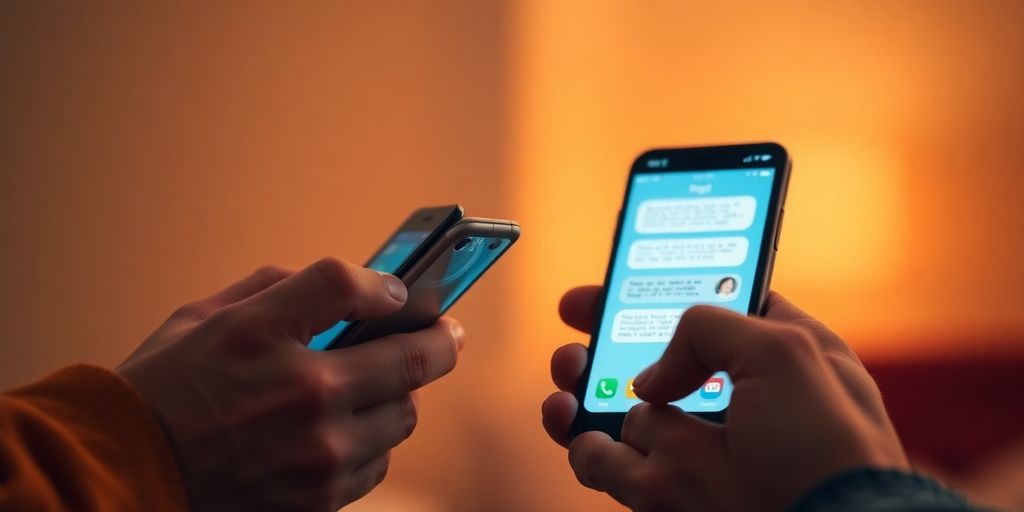 Two people chatting online with devices.