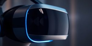 Futuristic VR headset with glowing circuits