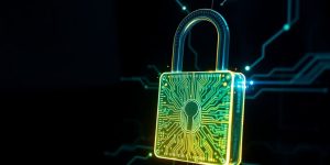 Digital padlock, glowing lines, person's silhouette, cyber-secure future.