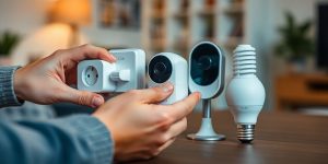Hands setting up various smart home devices.
